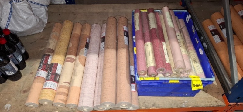 100 X PIECE NEW MIXED TEXTURED WALLPAPER LOT TO INCLUDE CRISTIANA MASI - LIMONTA - FENELLA - CROWSON IN VARIOUS STYLES AND COLOURS I.E GREEN - YELLOW - PINK - BLUE - BROWN ETC IN SIZES MT 10 X 0.70 - MT 10 X 0.50 (IN ORIGINAL PACKING BUT MOST ROLLS DUSTY