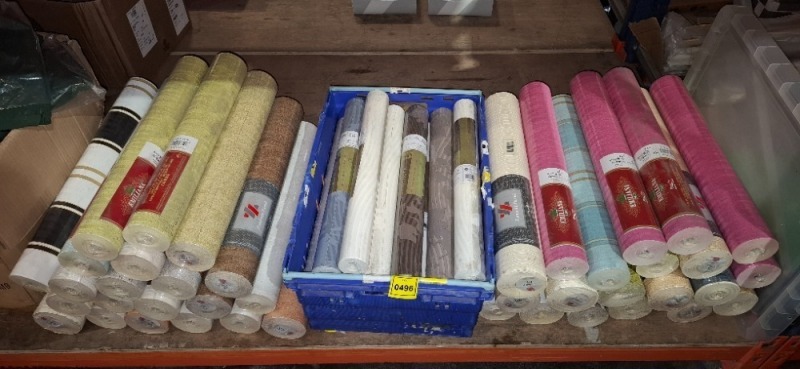 70 X PIECE NEW MIXED TEXTURED WALLPAPER LOT TO INCLUDE EMILIANA - LIMONTA - ZAMBAITI - IN VARIOUS COLOURS AND STYLES I.E PINK - BROWN - GREY - CREAM - GREEN ETC (IN ORIGINAL PACKING BUT MOST ROLLS DUSTY)