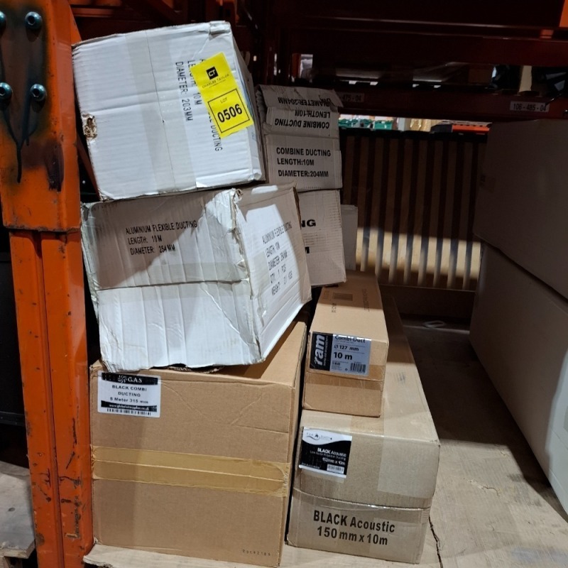 11 X PIECE BRAND NEW MIXED LOT TO INCLUDE BLACK ACCOUSTIC DUCTING - 152MMX10M - GAS BLACK COMBI DUCTING 5M X315MM - COMBINE DUCTING 204MMX10M - FLEXI DUCTING 10M X 2564MM ETC