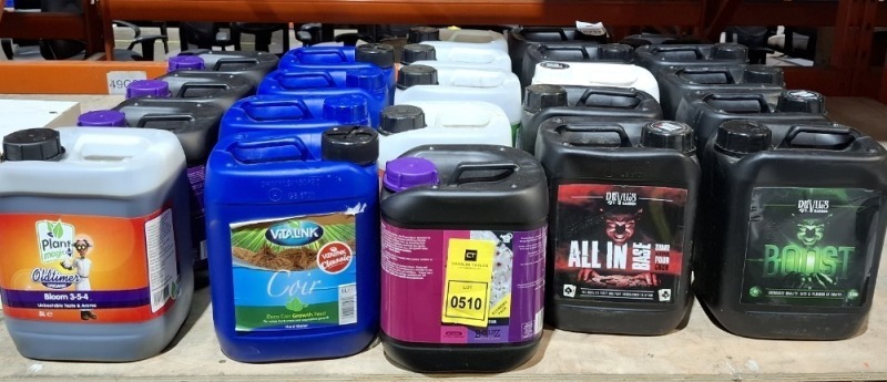22 X PIECE BRAND NEW MIXED PLANT NUTRIENT LOT TO INCLUDE PLANT MAGIC ORGANIC BLOOM - VITA LINK COCO GROW - BCUZZ BLOOM STIMULATOR - DEVILS GARDEN ALL IN ONE BASE NUTRIENTS - DEVILS GARDEN BOOST ALL IN 5 LITRES