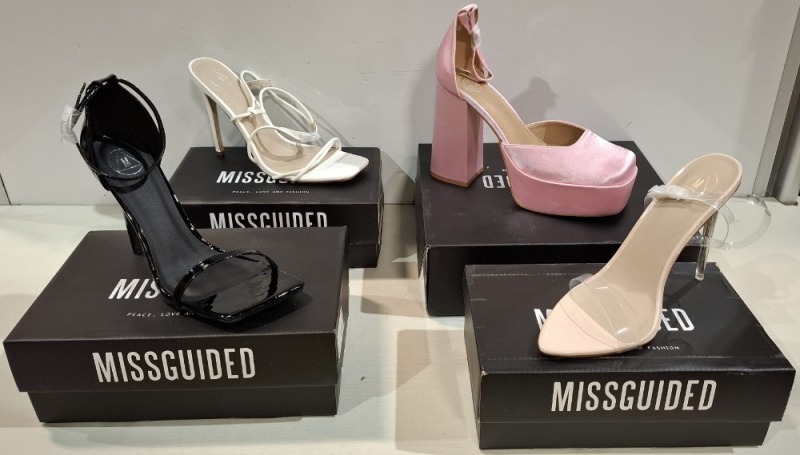 30 X BRAND NEW MIXED MISSGUIDED SHOES LOT TO INCLUDE EXTREME PLATFORM SATIN HEELED SHOES IN PINK , ASSYM STRAPPY HIGH HEEL SANDALS IN WHITE , POINTED TOE PERSPEX STILETTO IN NUDE ETC ALL IN SIZE 8