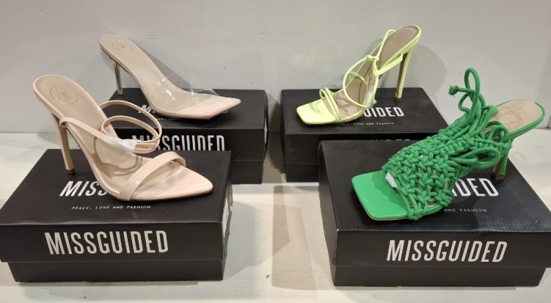 30 X BRAND NEW MIXED MISSGUIDED SHOES TO INCLUDE CROCHET TIE UP HEELED SANDAL IN HOT PINK , ASSYM STRAPPY HEELED SANDALS IN LIME , SQUARE TOE HIGH HEEL TIE UP SANDALS IN SAND ETC ALL IN SIZE 7