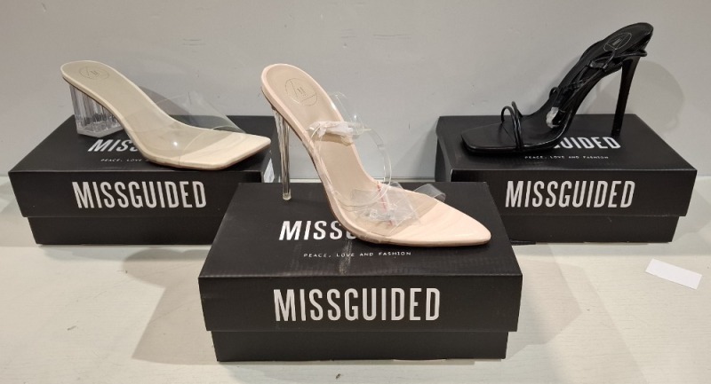 30 X BRAND NEW MIXED MISSGUIDED SHOES TO INCLUDE ASSYM STRAPPY HIGH HEEL SANDALS IN BLACK , POINTED TOE PERSPEX STILETTO IN NUDE ETC ALL IN SIZE 7