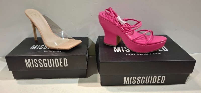 30 X BRAND NEW MIXED MISSGUIDED SHOES TO INCLUDE FAUX LEATHER PLATFORM STRAPPY SANDAL IN PINK , SQUARE TOE BLOCK HEEL MULE SANDALS IN BLACK ETC ALL IN SIZE 5