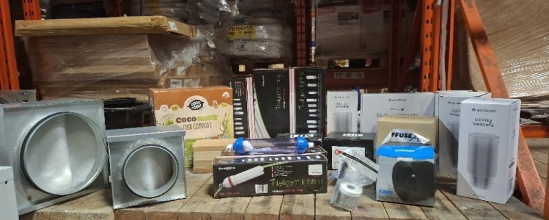 24 X PIECE MIXED LOT TO INCLUDE 4X MAXI BRIGHT CFL LAMPS - 1 PARLUX CFL LAMP - RAM EXHAUST FAN - 2X CLIMATE FAN CONTROLLERS - 75LITRES COCO GROW COIR COMPOST - CULTURE VESSELS/ UTILITY VESSELS ETC
