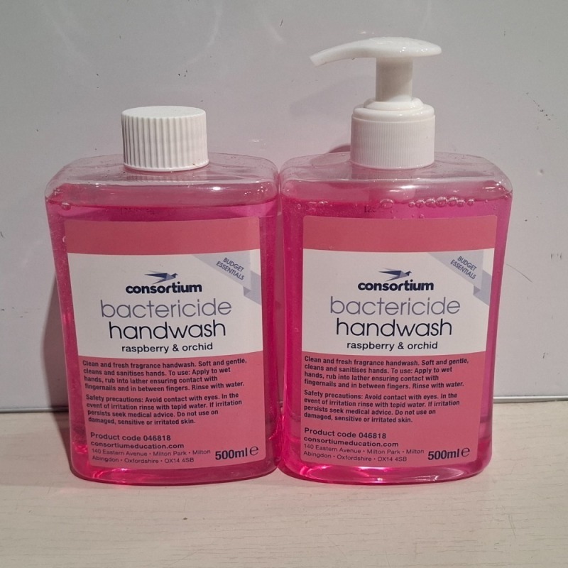 120 X BRAND NEW CONSORTIUM BACTERICIDE HANDWASH DISPENSER AND REFILL BOTTLES IN 20 BOXES