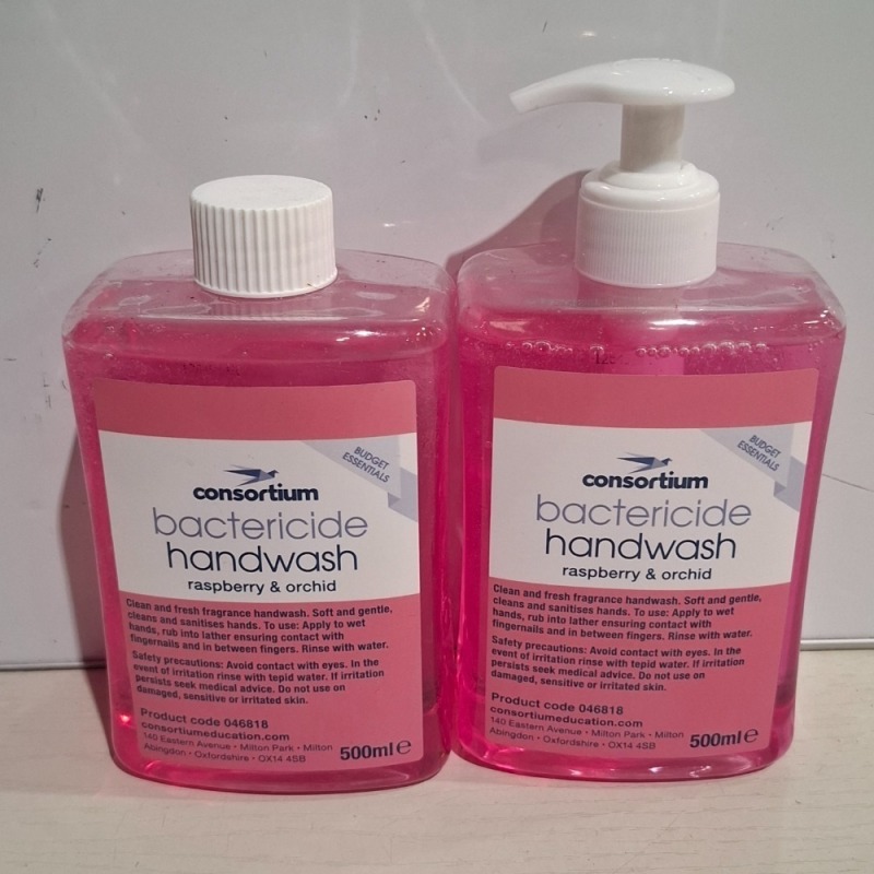 120 X BRAND NEW CONSORTIUM BACTERICIDE HANDWASH DISPENSER AND REFILL BOTTLES IN 20 BOXES