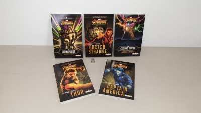 32 X BRAND NEW MARVEL AVENGERS 5 PIECE BOOK SET INCLUDES THE COSMIC QUEST VOLUME 1 & 2 AND THE HEROS JOURNEY IE, CAPTAIN AMERICA, DOCTOR STRANGE AND THOR IN 8 BOXES