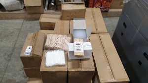 APPROXIMATELY 160,000 ITEMS CONTAINED ON ONE PALLET TO INCLUDE, 30,000 BIODEGRADABLE JUMBO BLACK STRAWS (8" X 6MM), 100,000 MEMPHIS CLEAR STRAWS (5.5" X 4.3MM), 6000 WOODEN DISC STIRRERS (180MM X 7"), 2000 WHITE KNIVES, 20,000 200MM ROUND SINGLE POINTED B