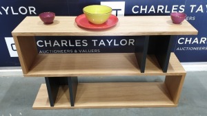 BRAND NEW BOXED CONTENT BY TERENCE CONRAN WOODEN COUNTER BALANCE, LOW SHELVING UNIT IN OAK/CHARCOAL - 30 X 120 X 69