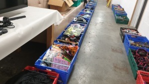 APPROXIMATELY 360+ ASSORTED HALLOWEEN ITEMS CONTAINING BAT HEADBANDS, WITCH OUTFITS, GLOW IN THE DARK SKELETON ONESIE, VARIOUS MASKS, ADULT HALLOWEEN STRIPED TIGHTS, CANDY BAGS AND OTHER VARIOUS HALLOWEEN ACCESSORIES AND ITEMS IN 12 TRAYS