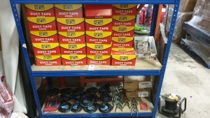 ASSORTED LOT CONTAINING 864 X BRAND NEW 'FIT FOR THE JOB' DUCT TAPE (48MM X 4.5M), 15 X BRAND NEW COMBINATION LOCKS, 16 X CLAMPS IN VARIOUS SIZES AND 100 X TESCO 200MM CABLE TIES. - ON 2 SHELVES