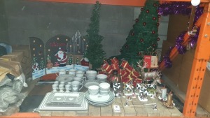 APPROXIMATELY 60 ITEMS IN A MISC CHRISTMAS LOT CONTAINING LARGE CHRISTMAS DINNER SET INC PLACEMATS, COASTERS, CUPS, BOWLS,SMALL PLATES, LARGE PLATES, EGG CUPS AND SMALL BOWLS, CHRISTMAS TREE, CHRISTMAS ORNAMENTS IE REINDEER, SMALL CHRISTMAS HOUSES, SNOWGL