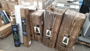 15 X ASSORTED PREMIER CHRISTMAS TREE LOT IN VARIOUS STYLES AND SIZES, CONTAINING 8FT PRE-LIT OREGON PINE TREE, 6FT ASPEN FIR TREE, 1.2M FIBRE OPTIC LIT TREE (WITH COLOUR CHANGING LED STARS) ETC (NOTE THESE ARE JDW ONLINE RETURNS)