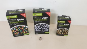 33 X ASSORTED PREMIER LIGHT LOT CONTAINING 22 X BRAND NEW PREMIER 10 METRE USB MULTI ACTION SUPABRIGHTS, 100 LEDS WITH TIMER (MULTI-COLOURED) AND 11 X BRAND NEW PREMIER 4 METRE USB SUPABRIGHTS, 40 LEDS WITH TIMER (WARM WHITE) - PICK LOOSE