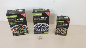 33 X ASSORTED PREMIER LIGHT LOT CONTAINING 22 X BRAND NEW PREMIER 10 METRE USB MULTI ACTION SUPABRIGHTS, 100 LEDS WITH TIMER (MULTI-COLOURED) AND 11 X BRAND NEW PREMIER 4 METRE USB SUPABRIGHTS, 40 LEDS WITH TIMER (WARM WHITE) - PICK LOOSE