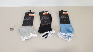 576 X PAIRS OF LADIES SOCKS WITH LACE SIZE 4-8 - ASST COLOURS BLUE, BLACK, GREY - IN 24 CARTONS