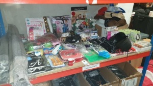 APPROX 120 MISC ITEMS ON A SHELF INCLUDING CHARACTER LONG HAIR WIG, PARASOLS, DISNEY PRINCESS COSTUME, COSTUME HATS, MOGO MOUSE, PHOTO PROP FRAMES ETC.