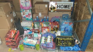 APPROX 80 X ASSORTED CHILDRENS TOYS IN HALF A BAY IE. SIMMER AND SHINE SWEET CREATIONS, FINDING DORY BACKPACKS, INCREDIBLES 2 MINI ERASERS, PJ MASKS FINGER PAINT SETS, TROLLS PAINT YOUR OWN MONEY BOX ETC