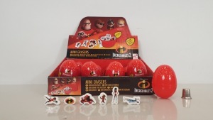 192 X BRAND NEW DISNEY INCREDIBLES 2 COLLECTABLE SECRET EGG - MINI ERASERS ( 6 ERASERS PER EGG ) - IN 4 BOXES