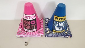 432 X BRAND NEW HEN PARTY WARNING CONES - STAG PARTY AND HEN PARTY IN PINK AND BLUE IN 18 BOXES