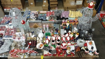 120 + PIECE BRAND NEW ASSORTED PREMIER CHRISTMAS LOT CONTAINING LARGE LED SNOWMEN, 50 LED WHITE MICRO BRIGHTS, STANDING METAL WINTER CHARACTERS IE SNOWMAN, SANTA, PENGUIN AND REINDEER, SHATTERPROOF DECORATIONS, 16 PIECE CLASSIC TRAIN SET, VARIOUS CHRISTMA