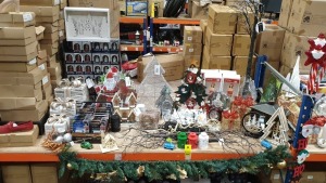 160+ PIECE BRAND NEW ASSORTED PREMIER CHRISTMAS LOT CONTAINING STATIC AND FLASHING LED LIGHTS, LED LIGHT SNOWGLOBE, WOODEN HOUSE SCENE, CHRISTMAS VILLAGE SCENE, LED SILVER AND GREY TREE, LANTERNS, SNOWGLOBES, VARIOUS TREE AND HOUSE DECORATIONS