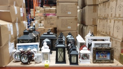 36 PIECE PREMIER CHRISTMAS LOT CONTAINING VARIOUS GLASS LANTERNS DIFFERENT SHAPES AND SIZES, CHRISTMAS SNOWGLOBE CLOCKS, SNOWGLOBE LANTERNS ETC