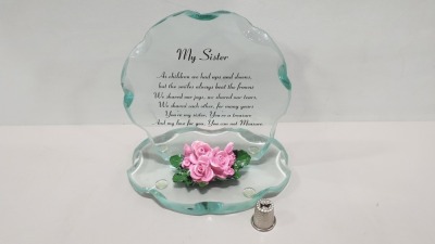 96 X BRAND NEW MAYFLOWER COLLECTABLES MY SISTERS GLASS SCULPTURED PLAQUE - WITH SPECIAL MESSAGE IN 8 BOXES