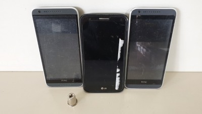 3 MOBILE PHONES 2 X HTC DESIRE 620 SMART PHONE 1 X LG G2 16GB SMART PHONE - ONE CHARGER (FITS ALL)