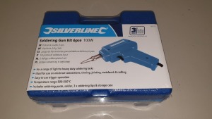 10 X BRAND NEW SILVERLINE 6PC SOLDERING GUN KITS 100W (PROD CODE (349272) - CONSISTING SOLDERING GUN, 3 X TIPS, PASTE & CASE TRADE PRICE £19.25 EACH (EXC VAT) IN 1 CARTON