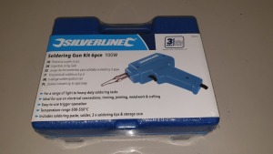 10 X BRAND NEW SILVERLINE 6PC SOLDERING GUN KITS 100W (PROD CODE (349272) - CONSISTING SOLDERING GUN, 3 X TIPS, PASTE & CASE TRADE PRICE £19.25 EACH (EXC VAT) IN 1 CARTON