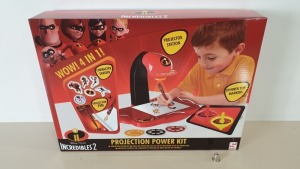 72 X BRAND NEW DISNEY PIXAR INCREDIBLES 2 WOW 4 IN 1 PROJECTION POWER KIT, INCLUDES PROJECTION STATION, PROJECTOR DISKS, PROJECTION PEN, 2 SPINNING TOP MARKERS AND 6 CHARACTER ERASERS - IN 12 BOXES