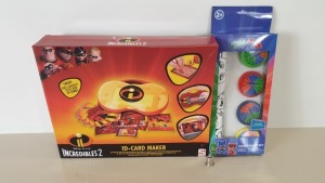 66 PIECE ASSORTED TOY LOT CONTAINING 30 X BRAND NEW DISNEY PIXAR INCREDIBLES 2 ID CARD MAKER AND 36 X BRAND NEW PJ MASKS FINGER PAINT SET - IN 8 BOXES