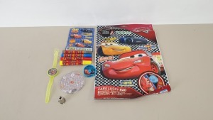 168 X BRAND NEW DISNEY PIXAR CARS LUCKY BAG WITH SURPRISE ITEMS INSIDE - CONTAINS MARKERS, STICKERS, MINI NOTBOOK, SPINNER, MINI GAME AND WATCH - IN 7 BOXES