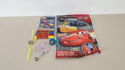 168 X BRAND NEW DISNEY PIXAR CARS LUCKY BAG WITH SURPRISE ITEMS INSIDE - CONTAINS MARKERS, STICKERS, MINI NOTBOOK, SPINNER, MINI GAME AND WATCH - IN 7 BOXES