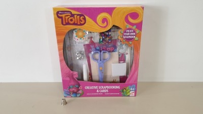 48 X BRAND NEW DREAMWORKS TROLLS CREATIVE SCRAPBOOKING & CARDS, INCLUDES SCRAPBOOK, CARDS, ENVELOPES, SCISSORS, GEMSTONE, GLUE ETC - IN 8 BOXES