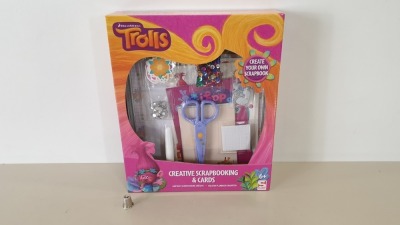 48 X BRAND NEW DREAMWORKS TROLLS CREATIVE SCRAPBOOKING & CARDS, INCLUDES SCRAPBOOK, CARDS, ENVELOPES, SCISSORS, GEMSTONE, GLUE ETC - IN 8 BOXES