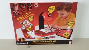 60 X BRAND NEW DISNEY PIXAR INCREDIBLES 2 WOW 4 IN 1 PROJECTION POWER KIT, INCLUDES PROJECTION STATION, PROJECTOR DISKS, PROJECTION PEN, 2 SPINNING TOP MARKERS AND 6 CHARACTER ERASERS - IN 10 BOXES