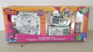 42 X BRAND NEW TROLLS (3 PIECE) COLOUR YOUR OWN BAG SET WITH ACCESSORIES IE MARKERS AND GEMS - IN 7 BOXES