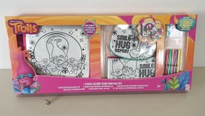 42 X BRAND NEW TROLLS (3 PIECE) COLOUR YOUR OWN BAG SET WITH ACCESSORIES IE MARKERS AND GEMS - IN 7 BOXES