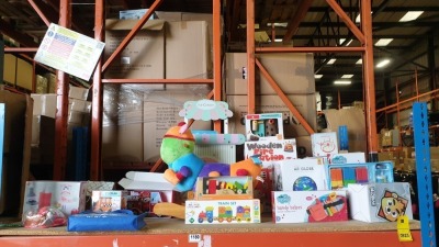 20 PIECE ASSORTED TOY LOT CONTAINING WOODEN ICE CREAM STAND, MR.MEN TRAIN SET, WOODEN FIRE STATION, NEO BEAR'S AR GLOBE, ROCKING CATERPILLAR, HANDY HELPER TOOL BELT & WOODEN TOOLS, FROZEN TREAT 24 PIECE SET ETC - ON ONE SHELF