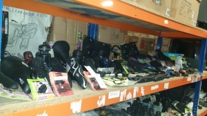 APPROX 60 PIECE BIKE LOT CONTAINING BIKE SEATS, BIKE LOCKS, SADDLE BAGS, BRAKE PADS, CYCLE CLEANING BRUSH AND VARIOUS OTHER BIKE ACCESSORIES ETC - ON ONE SHELF