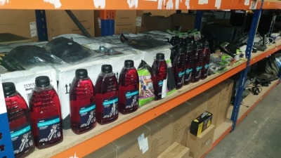 APPROX 150 PIECE LOT CONTAINING APPROX 100 X TESCO MOTORCYCLE OIL (2 STROKE), VARIOUS BIKE ACCESSORIES IE SADDLE BAGS, GRIPS, BRAKE ARMS, ALLOY PROPSTAND ETC - ON ONE SHELF