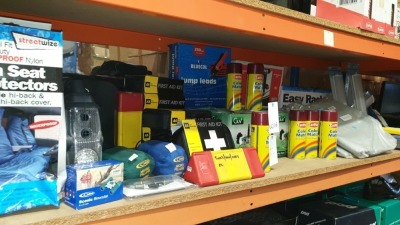 50 + ASSORTED LOT CONTAINING SPARE WHEEL COVER, EASY RACK SOFT ROOF RACK, VAN SEAT PROTECTORS, AA CAR ESSENTIALS FIRST AID KIT, GUV QUALITY, NEW CV JOINTS, CARPLAN COLOR MATCH SPRAY ETC - ON ONE SHELF