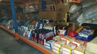 APPROX 225+ PIECE ASSORTED CAR LOT CONTAINING REDEX FUEL SYSTEM CLEANER AND FUEL ADDITIVE LEAD REPLACEMENT, BLUECOL COOLANT, AA CAR ESSENTIALS TRAVEL FIRST AID KIT, AUTOCARE MEDIUM FIRST AID KIT, FOLDABLE WARNING TRIANGLE, BREAKDOWN KIT ETC - IN ONE BAY