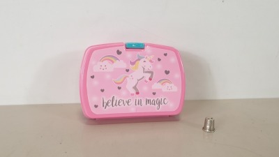 96 X 'BELIEVE IN MAGIC' UNICORN MINI LUNCHBOXES - IN 8 CARTONS