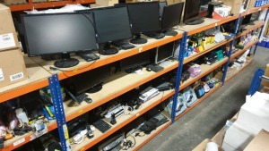 4 SHELVES OF 40+ PCS OF IT EQUIPMENT CONSISTING OF HP OFFICEJET 7310, COMPAQ LAPTOP, HP COLOR LASERJET PRO MFP M176N, EPSON WORKFORCE PRO WF 3720, 13 MONITORS, KEYBOARDS, TELEPHONES, LG WIRELESS SUBWOOFER ETC.