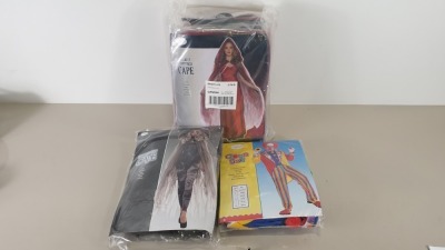 60 X ASSORTED BRAND NEW FANCY DRESS COSTUMES IE RED PIRATE BLOUSE, CLOWN SUIT, SCARLET TEMPTRESS CAPE, GHOST STORIES CAPE ETC