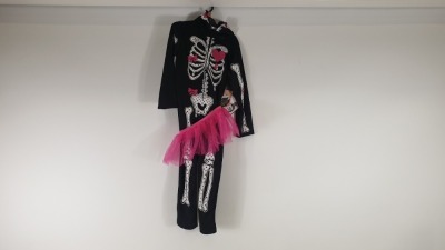 60 X BRAND NEW GIRLS SKELETON WITH PINK TUTU COSTUME WITH ZIP UP FACE HOOD - IN VARIOUS SIZES